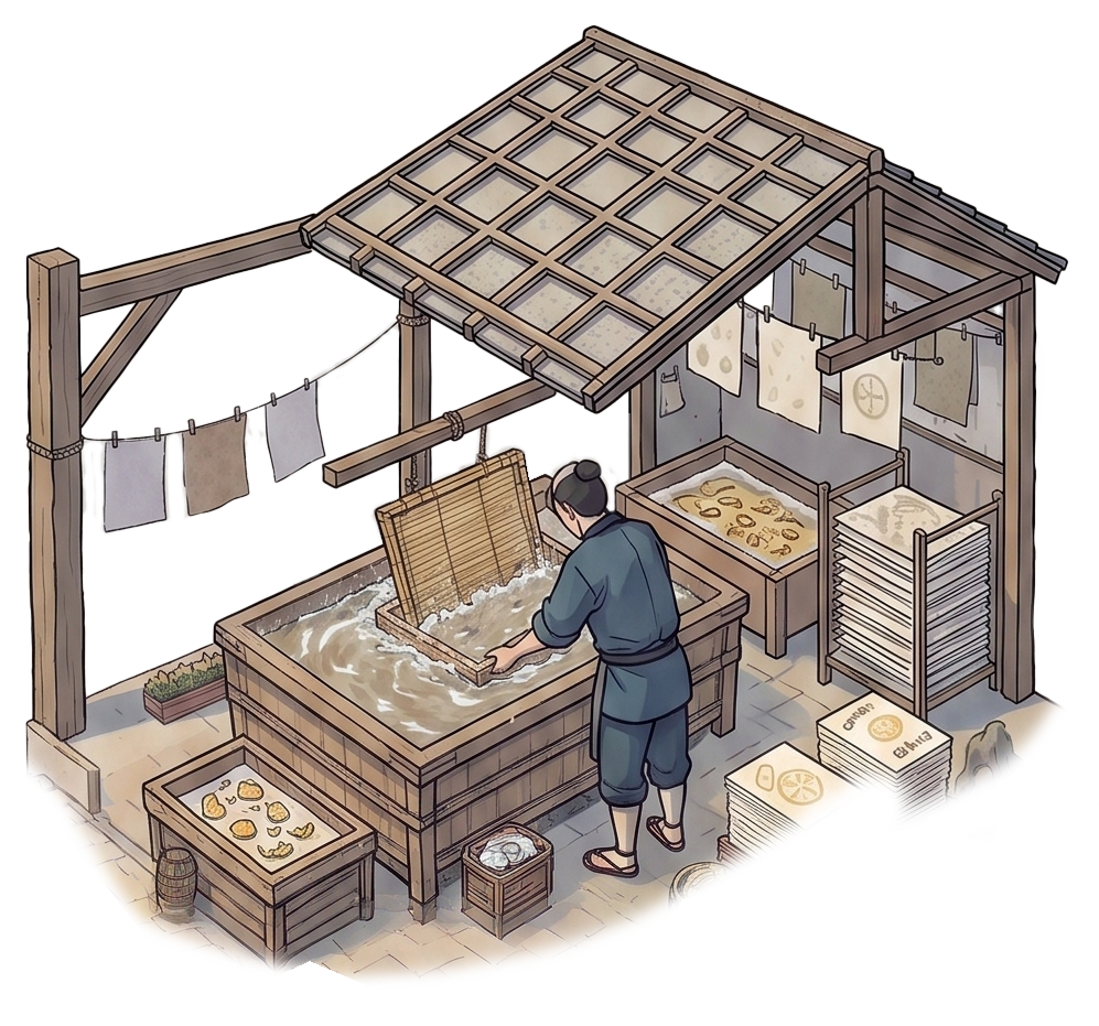 Illustrazione della tecnica tradizionale Nagashizuki per la produzione artigianale di carta washi fatta a mano
